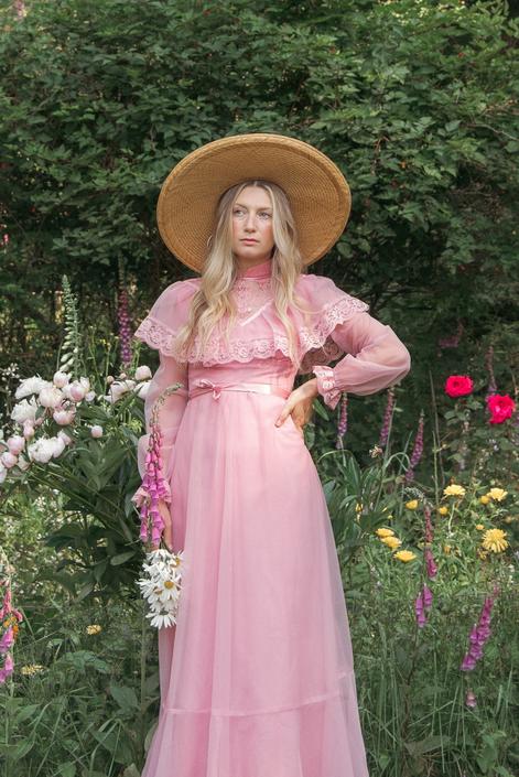 AI　70s Pale Pink Mexican Dress 70s MEXICANA SLOAN STREET PASTEL PINK PINTUCKED COTTON AND