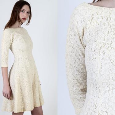 All Over Lace 50s Dress / Vintage 1950s Plain Ivory Floral / Flared Cocktail Wedding Party Mini Dress 
