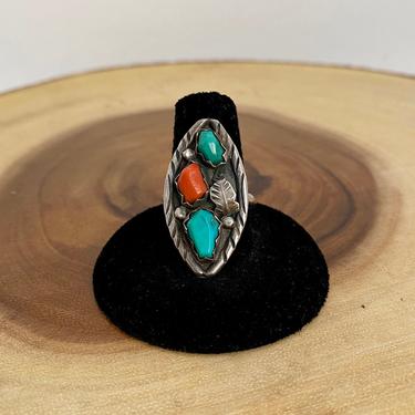 TRIPLE THE FUN Vintage 70s Silver, Turquoise, &amp; Coral Ring | 1970s Shallow Shadow Box | Native American Navajo Jewelry | Size 7 1/4 