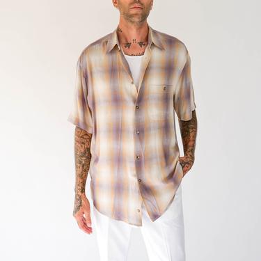 Vintage 90s ZANELLA Earthtone Linen Blend Barnfield Plaid Shirt | Made in Italy | Drop Shoulder, Relaxed Fit | 1990s Italian Designer Shirt 