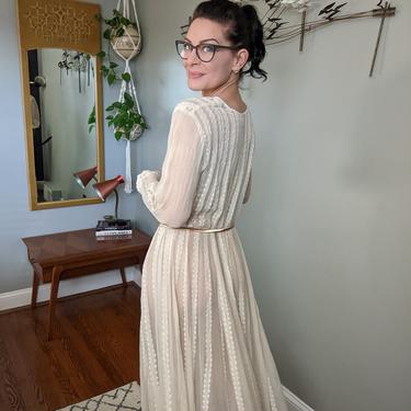Vintage Sheer Lace Bohemian Maxi Wedding Dress Beaded Night Gown 