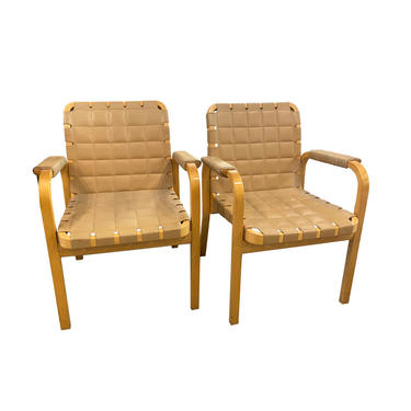 Pair of Alvar Aalto Armchairs with Buff Leather Straps, Finland, 1960&#8217;s