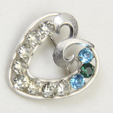 Vintage 50s Curtis Jewelry Sterling Silver Blue Rhinestone Heart Brooch Pin Love 