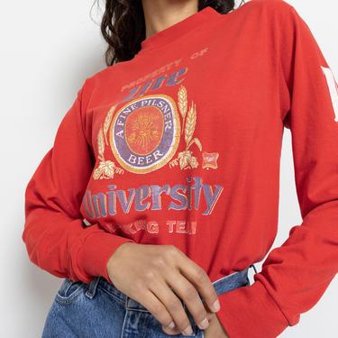 PILSNER BEER SHIRT University Drinking Tee long sleeves 70s 80s red Soft Thin poly cotton / Small 