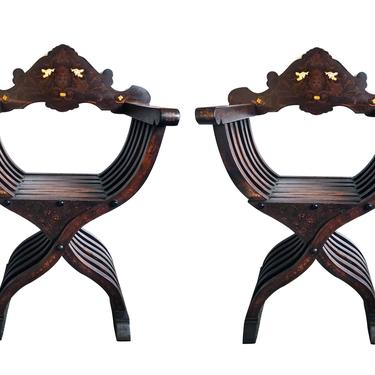 Fine Quality Pair of Florentine Walnut and Bone Inlaid Savonarola X-frame Chairs with Medici Crest