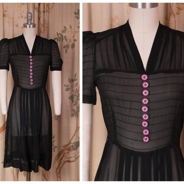 1930s Dress - The Ciryon Dres - Ultra Sheer Late 30s/Early 40s Day Dress in Black Silk Chiffon with Purple Star Buttons 