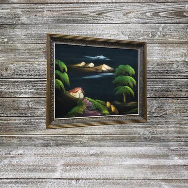 Vintage Black Velvet Painting, Lakefront Hillside Velvet Painting, Mid Century Modern, Retro Bohohemian Framed Art, Vintage Home Decor 