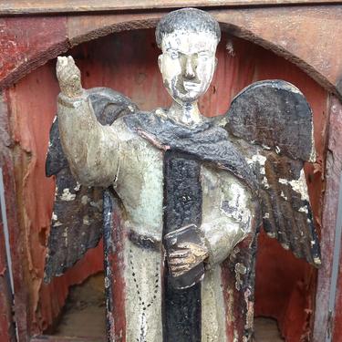 Antique 1800's  Santos Saint Vincent Ferrer with Wings Bible Rosary, Vintage Hand Carved Bulto, Angel Statue, Religious Church Folk Art 