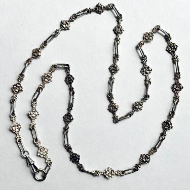 Antique Vintage Peruzzi or Coppini Silver Floral Four Leaf Clover Chain Necklace 