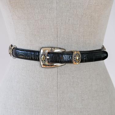 Vintage 80s 90s Brighton Black Crocodile Print Leather Belt w/ Ornate Silver and Gold Design | Bohemian, Western | 1980s 1990s Leather Belt 