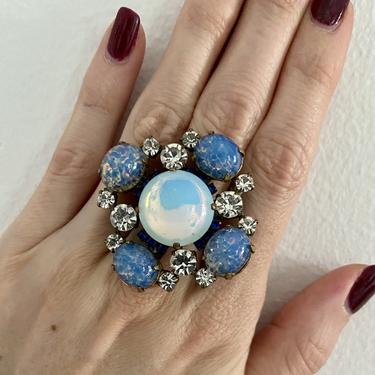 Stunning 1960s Czech Opal Moon Glass Sterling Silver Cocktail Ring