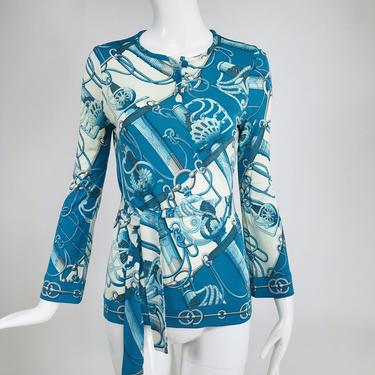 Hermes Turquoise Silk Jersey Print Henley Top with Belt