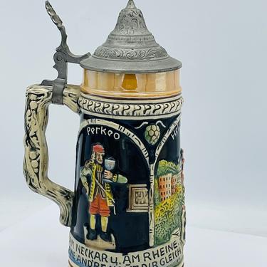 Vintage King Heidelberg Perkeo lidded pottery beer stein Germany 