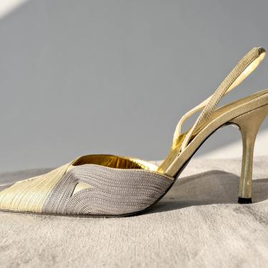 Vintage 90s Richard Tyler Gold &amp; Gray Leather Slingback Pin Heels w/ Leather Wave Design | Made in Italy | Size 7.5 | 1990s Designer Pumps 