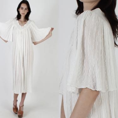 White Angel Sleeve Gauze Dress / Thin Crinkle Cotton Striped Dress / Deep V Neck Crochet Trim Dress / Vintage 80s Kimono Grecian Maxi Dress 