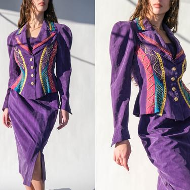 Vintage 80s Cache Violet Crinkle Sueded Colorblock Embellished Peplum Jacket &amp; Skirt Set | 100% Rayon | 1980s Designer Poof Shoulder Suit 