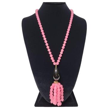 Long Pink Jade Tassel Necklace with a Vintage Black Glass Drop - 30 inch 