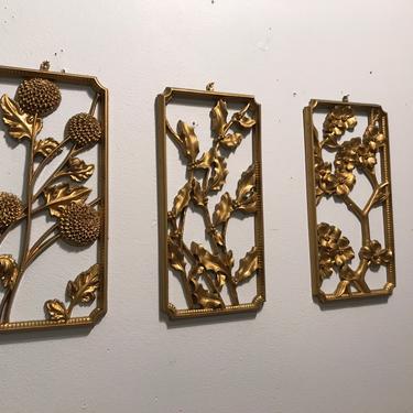 Vintage Gold Flower Wall Hanging, Wood Wall Hangings, Wall Art Chinoserie Regency Gold floral set of 3 Syrocco 3571 four seasons 