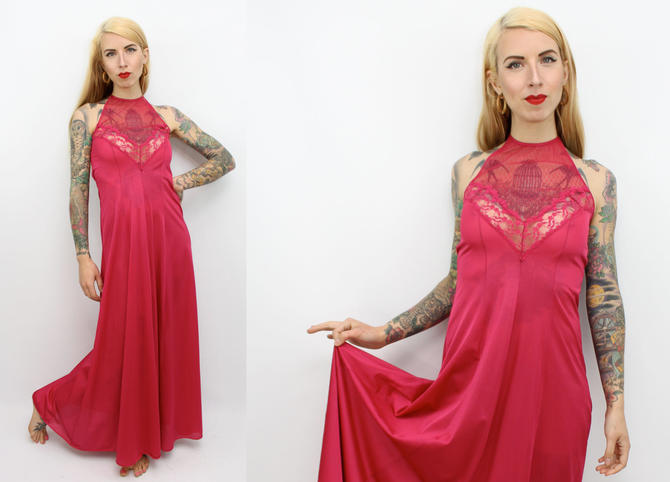 Vintage 70 S Magenta Floor Length Lace Lingerie Slip 70 S Lingerie Halter Nightgown Hot Pink Romantic Women S Size Small By