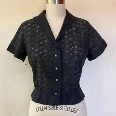 1950s Black eyelet lace blouse 