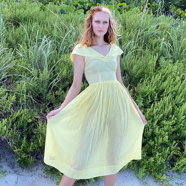 1940's Sheer Dress / Ethereal Garden Party Dress / Yellow caped Dress / Cotton See Through Plaid Dress / Bridal Party Dress 