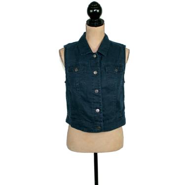 Blue Cropped Linen Vest Women Small, Jacket Waistcoat Top Collared Button Up with Pockets, Casual Clothes, 90s Y2K Vintage Clothing J Jill 