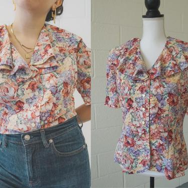 Vintage Floral Print Top | Exaggerated 80s Collar Blouse | Size 10 