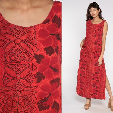 Floral Hawaiian Dress 70s Red Maxi Dress High Slit Hippie Tropical 1970s Bohemian Sleeveless Column Dress Medium 