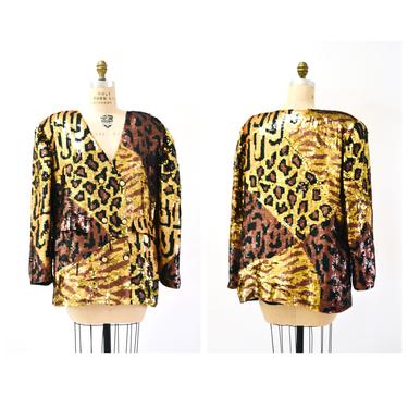 80s 90s Vintage Sequin Jacket Black Large XL Leopard Cheetah Animal Pattern// 90s GLam Metallic Sequin Jacket XL Plus Size French Collizioni 