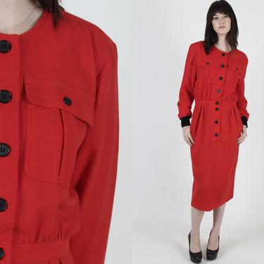 Vintage 80s Red Wool Simple Dress / Plain Secretary Uniform Dress with Pockets / One Color Business Professional Midi Mini Dress 