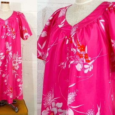 Vintage Hawaiian Muumuu Dress Tiki Floral Midi Bright Pink Pajamas Flutter Sleeves Hawaii USA Luau Short Sleeve Large XL XXL 