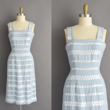 1950s vintage dress | Adorable White Circle Design Summer Cotton Pencil Skirt Dress | Medium | 50s dress 