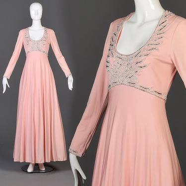 Medium Victoria Royal Beaded Formal Gown Flowy Maxi Dress Long Sleeve Pink Evening Dress Vintage 1960s 60s Low Cut Scoop Neck 
