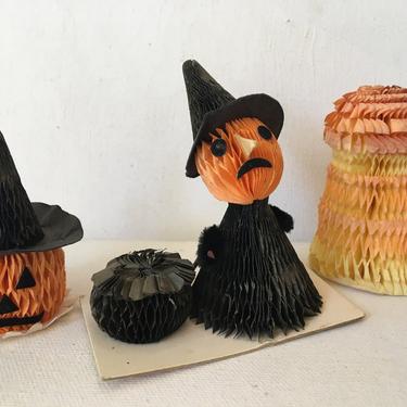 Mini Honeycomb Tissue Witch, Jack O Lantern, Pumpkin And Haystack, Vintage Halloween Decoration Figures Around 2.5&quot; tall 