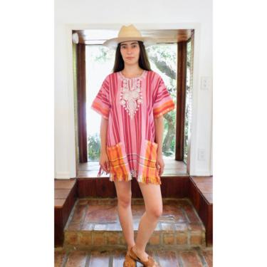 Baja Tunic Mini // vintage cotton boho hippie Mexican embroidered dress hippy rainbow striped sun dress beach cover // O/S 