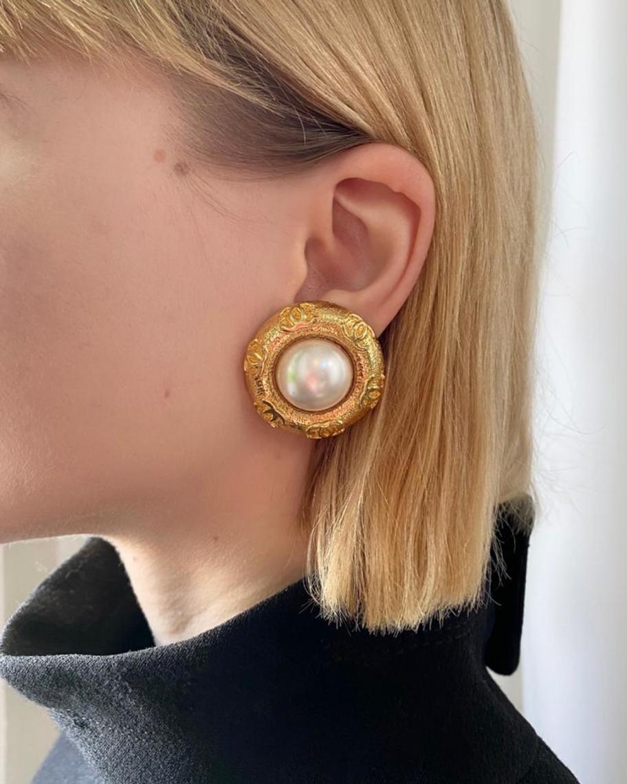 80s Chanel Logo Pearl Earrings, Lucky Vintage