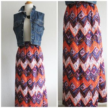 Vintage 60's 70's Boho Ethnic ZIG ZAG Abstract Graphic Red Purple Ribbed Cotton Maxi Skirt 