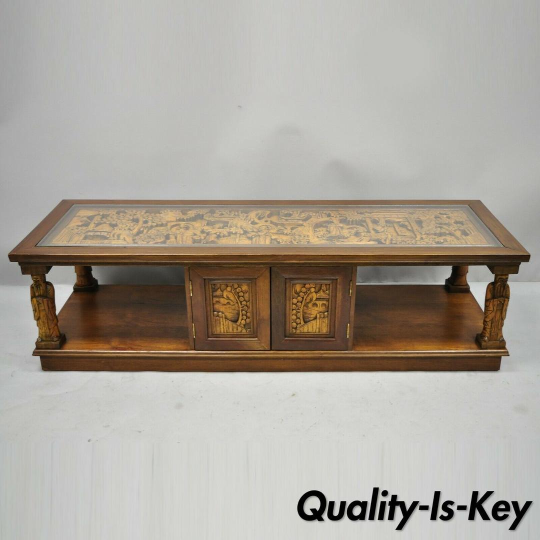 Vintage Carved Oriental Asian Figures Coffee Table Cabinet Old Chinese ...