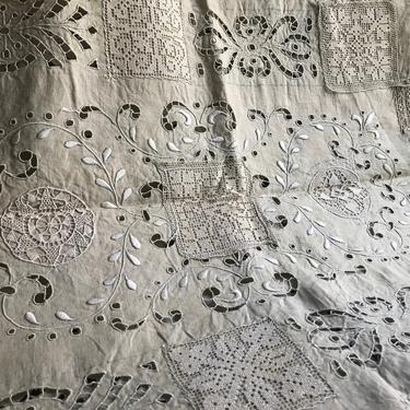 French Linen Embroidery Project Panel, Filet Lace, Hand Worked, Unfinished Tablecloth, Historical Piece for Project or Study 