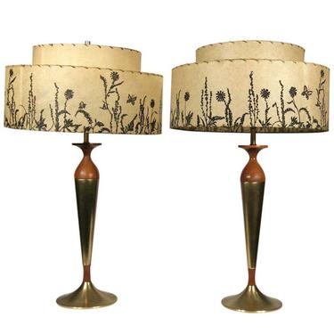 Mahogany &amp; Brass Table Lamps by Tony Paul w/ Whip-Stitch Shades, Pair 