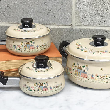 Vintage Enamel Farmhouse Pots Pans Set Of 3 Yellow Porcelain Mid