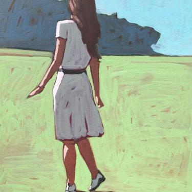 Woman in Field #12  |  Original Acrylic Painting on Canvas 16 x 20  |  fine art, figurative, green, dress, girl, landscape, michael van 