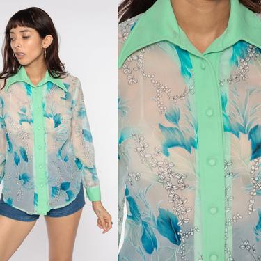 Sheer Floral Blouse 70s Boho Top White Green Button Up Shirt Bohemian Long Sleeve Shirt 1970s Vintage Hippie Dagger Collar Top Small Medium 