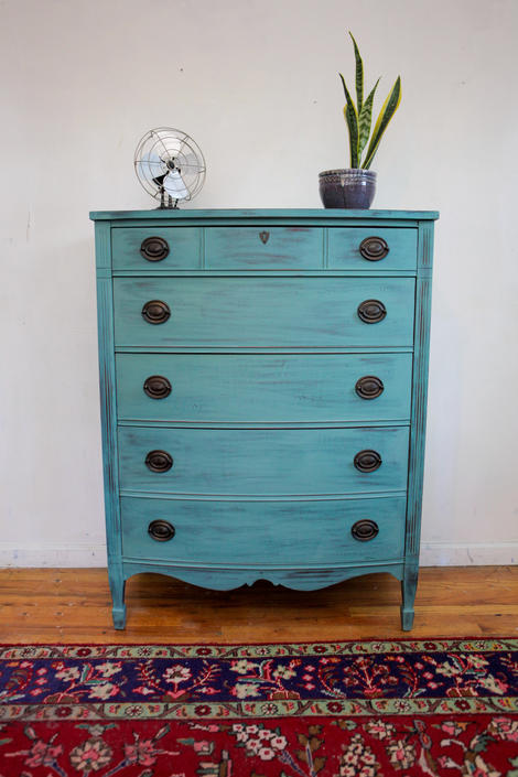 Refurbished Vintage Highboy Dresser Antique Green Teal Turquoise