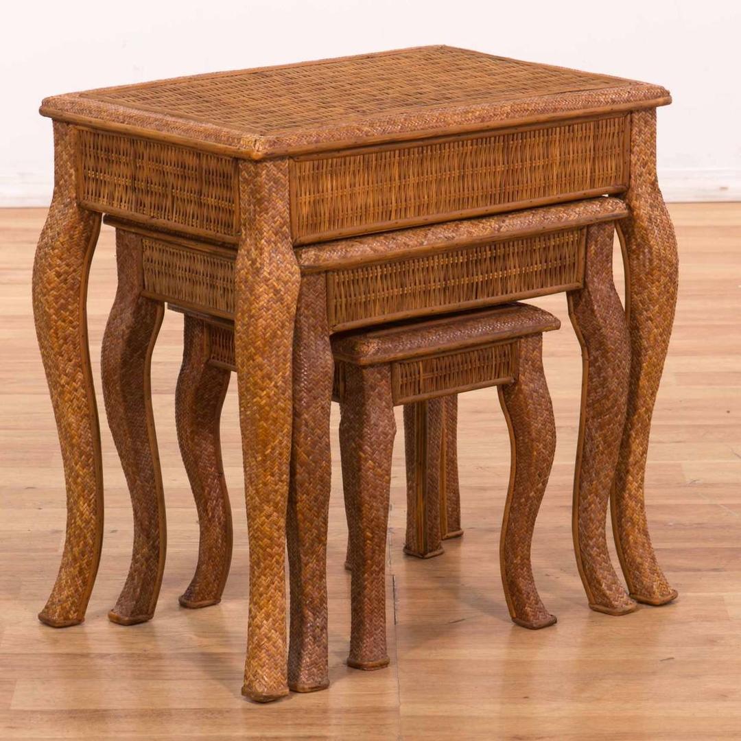 Set Of 3 Woven Rattan Nesting Side Tables Loveseat (Los Angeles