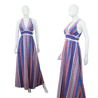 1970s Red White &amp; Blue Maxi Dress - 1970s Liberty House Hawaiian Maxi - Red White and Blue Hawaiian Dress - 70s Maxi Dress | Size Small 