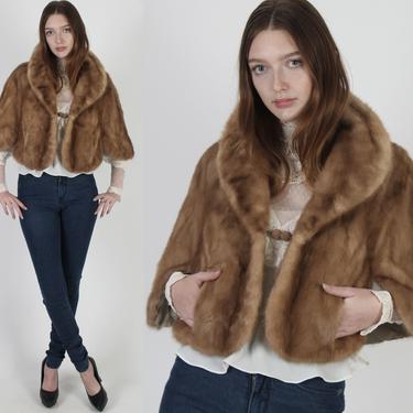 Vintage 1960s Womens Mink Stole , Real Fur Pockets Wrap , 60s Autumn Haze Wedding Fur , Bridesmaids Brown Bolero Fur Collar Cape 