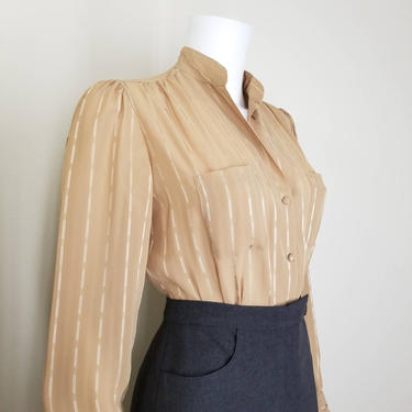 Vintage Tan Chiffon Blouse, Medium / Striped Button Blouse / Semi Sheer Short Sleeve Office Blouse / 80s Neutral Beige Button Up Dress Shirt 