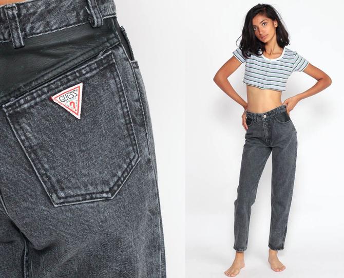 Vintage Guess Jeans 25 Mom Jeans ANKLE ZIP Denim LEATHER Grey High Waist Jeans 80s Tapered High Waisted Pants Georges Marciano Extra small 0 by ShopExile Shop Exile of Los Angeles,