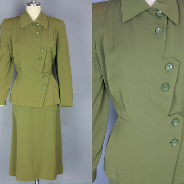 1940s Asymmetrical SUIT | Vintage 40s Avocado Green Wool Gabardine Suit with Amazing Zig Zag Button Placket | Medium / Large 
